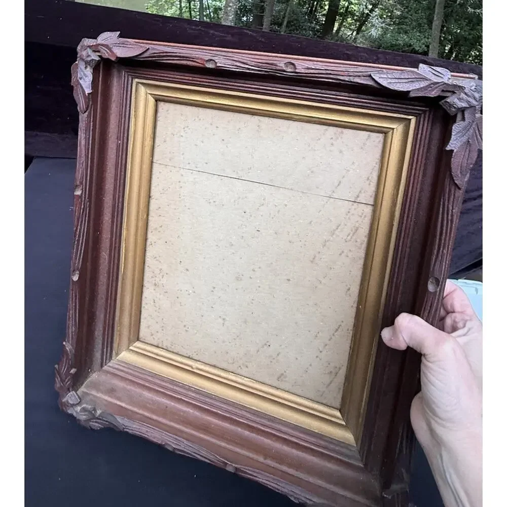 ANTIQUE Solid Wood Picture Frame Wood Back Glass Front 16.5” X 14” Beautiful!